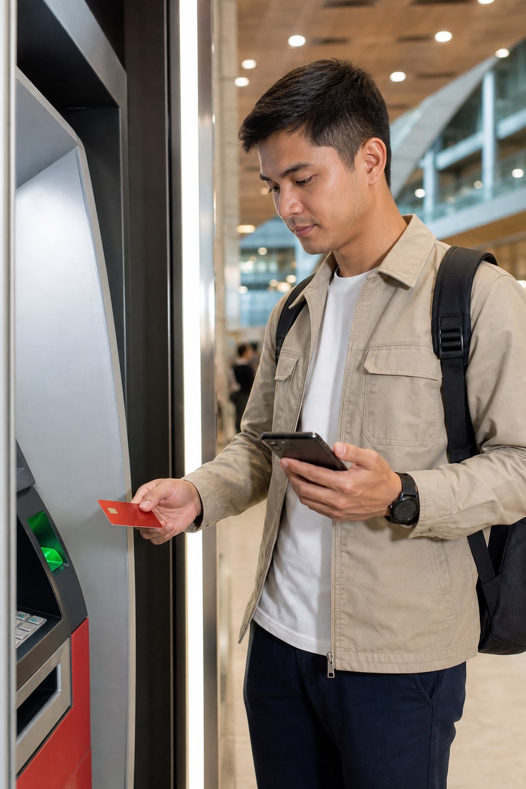 Filipino user holding a payment card and phone near an ATM